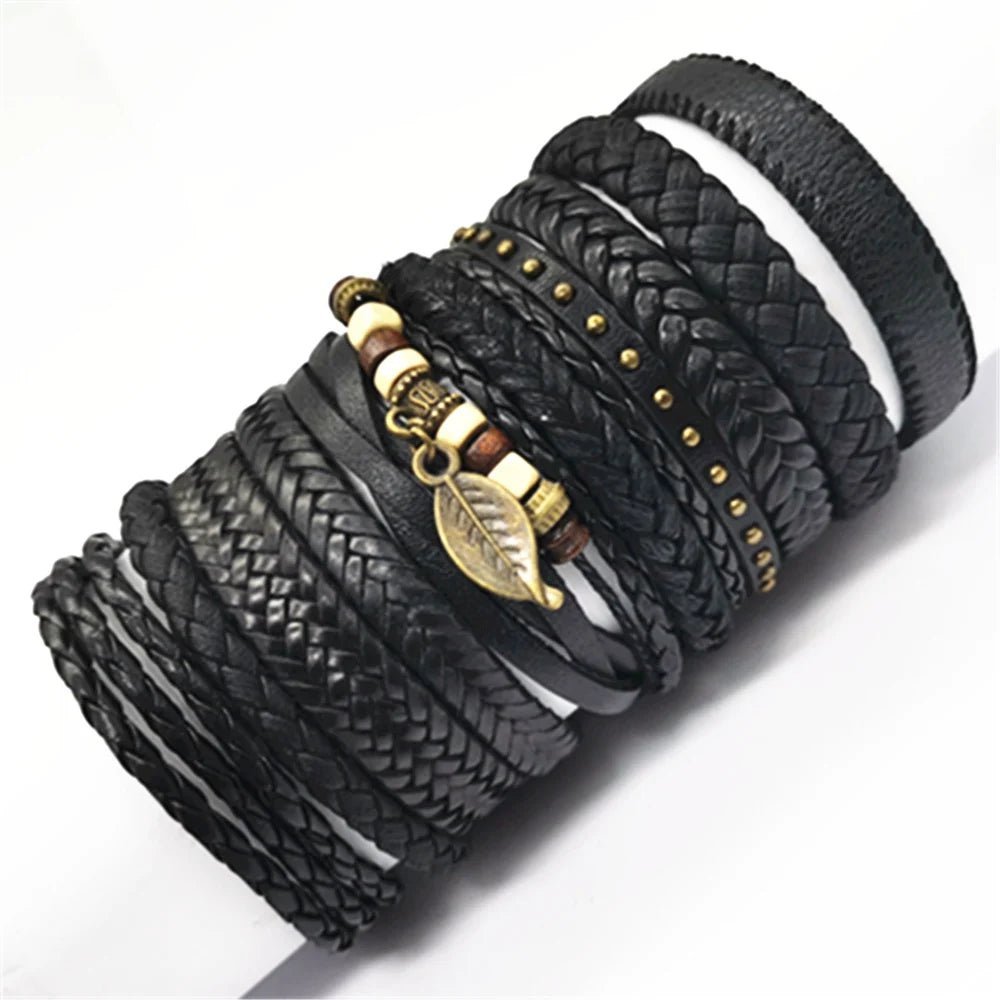 10 Pcs/set Black Wrap Woven New Fashion Handmade Men Bracelets Male Women Leather Bracelets Men Bangle Wholesale Jewelry Gift - RPM Rivals