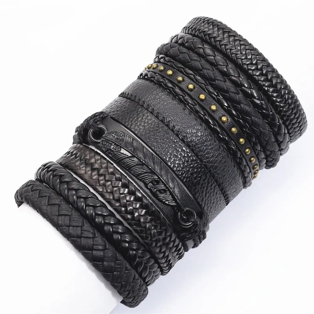 10 Pcs/set Black Wrap Woven New Fashion Handmade Men Bracelets Male Women Leather Bracelets Men Bangle Wholesale Jewelry Gift - RPM Rivals