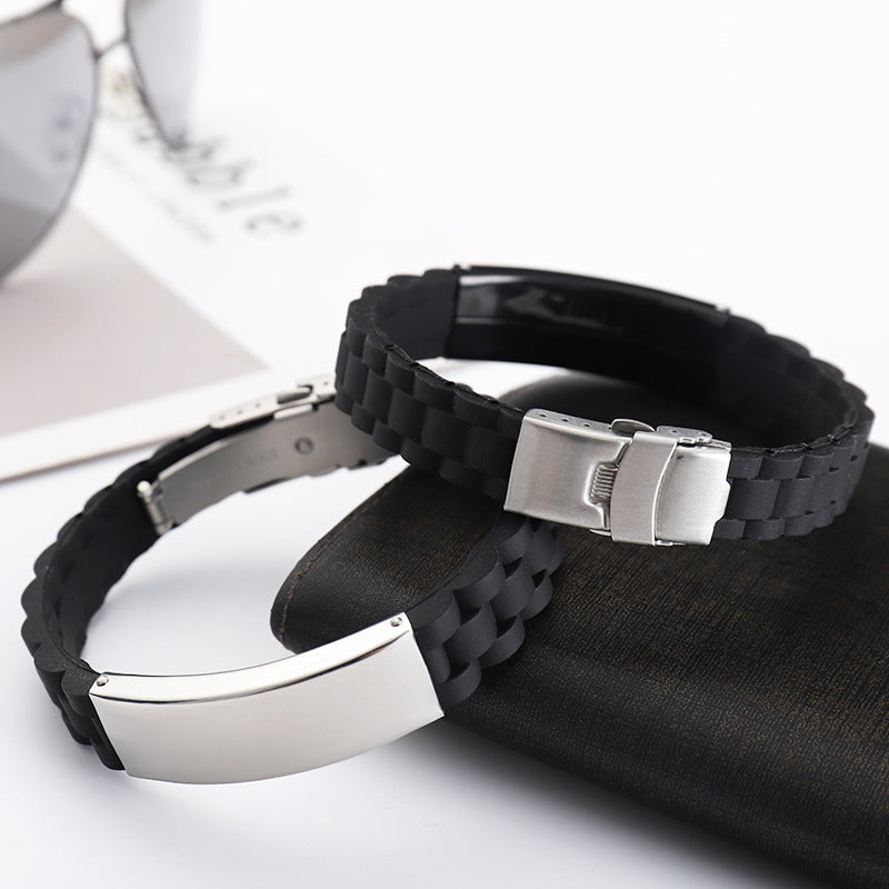 European And American Popular Trendy Jewelry Silicone Sports Men Simple Laser Sculpture Stainless Steel Bracelet