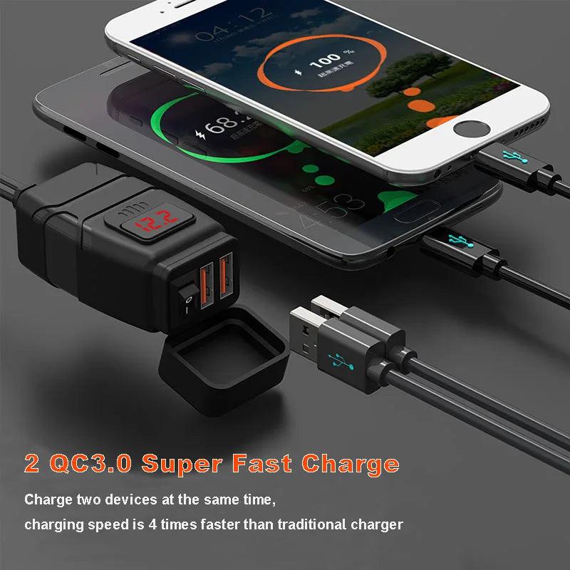 Anchtek Motorcycle USB Charger QC3.0 Handlebar Fast Charging Waterproof 12V Socket Adapter With Voltmeter Motorcycle Accessories - RPM Rivals