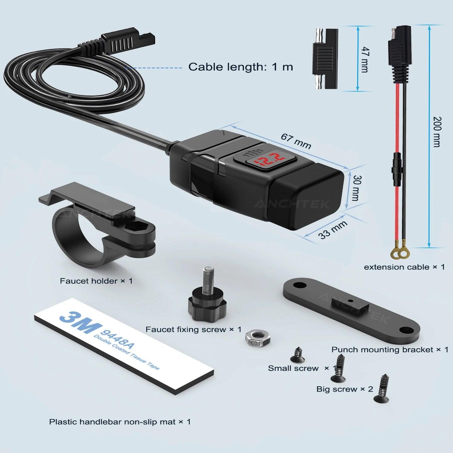 Anchtek Motorcycle USB Charger QC3.0 Handlebar Fast Charging Waterproof 12V Socket Adapter With Voltmeter Motorcycle Accessories - RPM Rivals