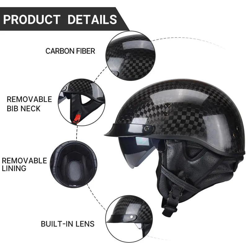 Light Weight 12K Gloss Black Carbon Fiber Motorcycle Half Face Helmet Vintage Half Motobike Helmet Inner Visor