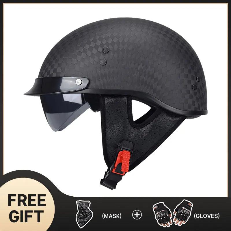 Light Weight 12K Gloss Black Carbon Fiber Motorcycle Half Face Helmet Vintage Half Motobike Helmet Inner Visor