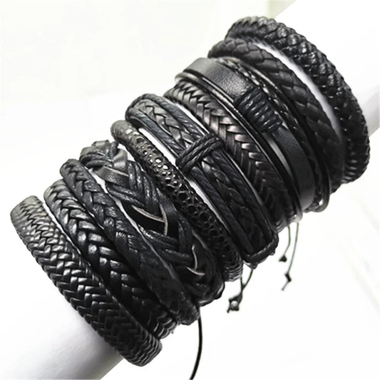 10 Pcs/set Black Wrap Woven New Fashion Handmade Men Bracelets Male Women Leather Bracelets Men Bangle Wholesale Jewelry Gift - RPM Rivals