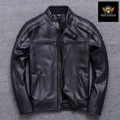 100% Genuine Leather Jacket Men Top Layer Cowhide Coats for Man Motorcycle Outwear Slim Stand Collar Fall Jackets Trend - RPM Rivals