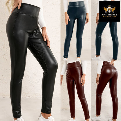 High Elasticity Slim Fit PU Trousers Motorcycle Skinny Leather Pants Women