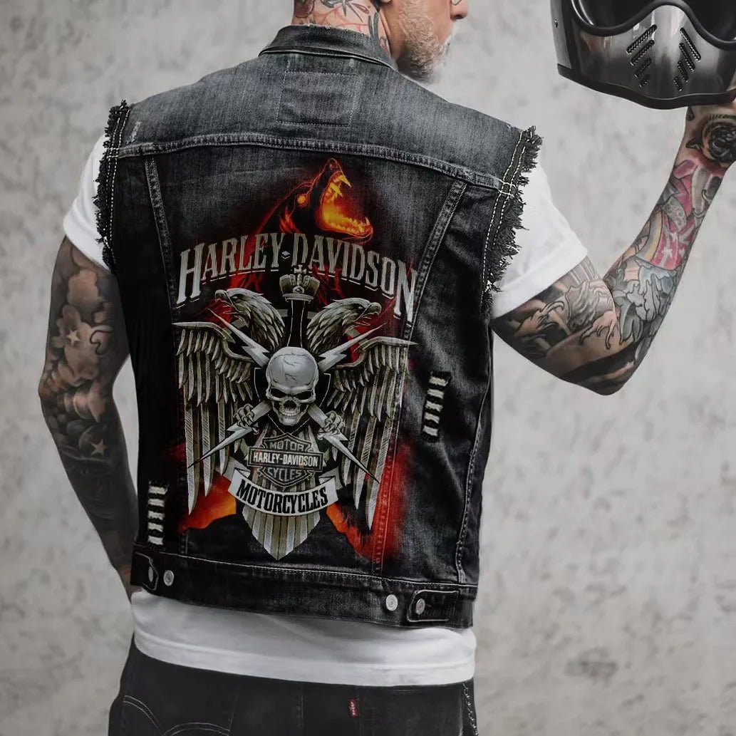 2024 New Denim Vest Printed Tribal Style Top for Men's Sportswear Denim Vest Motorcycle Vest Motorcycle Casual Denim Warehouse - RPM Rivals