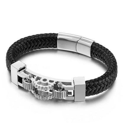 Men's Titanium Steel Motorcycle Gear Braided Leather Bracelet - RPM Rivals