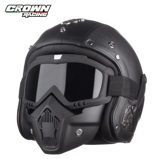 Crown Racing Retro Motorcycle Helmet Men's 3/4 Open Helmet Motorcycle Off-Road Integrated Motorcycle Helmets