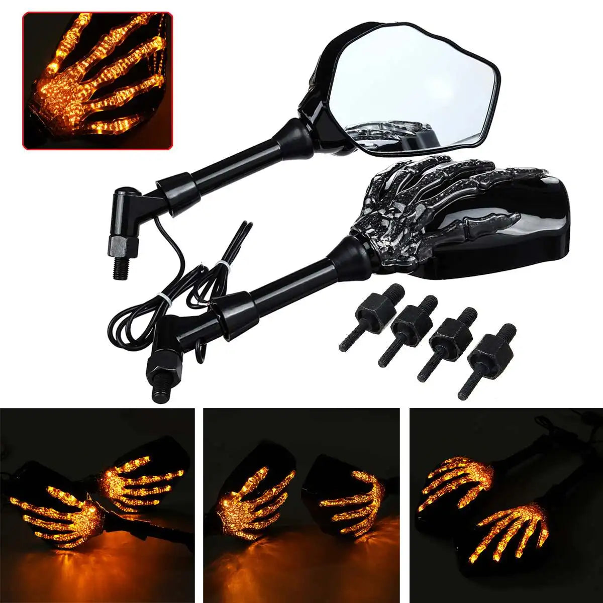 Pair Motorcycle Mirror Skeleton Skull Hand Claw Side Rear View Mirrors LED Turn Signal Light 8mm 10mm Universal