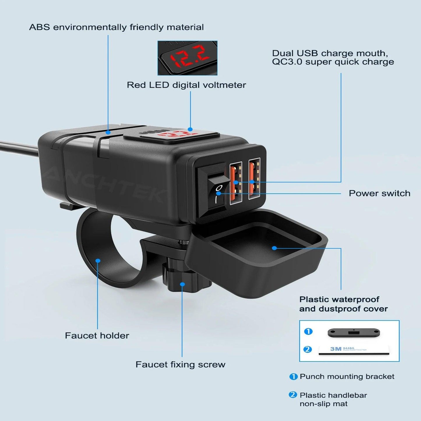Anchtek Motorcycle USB Charger QC3.0 Handlebar Fast Charging Waterproof 12V Socket Adapter With Voltmeter Motorcycle Accessories - RPM Rivals