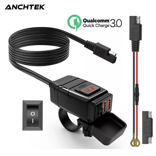 Anchtek Motorcycle USB Charger QC3.0 Handlebar Fast Charging Waterproof 12V Socket Adapter With Voltmeter Motorcycle Accessories - RPM Rivals