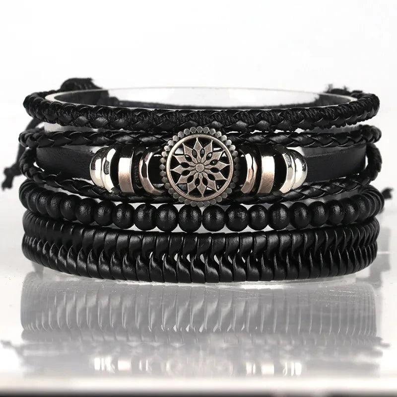 Vintage 4Pcs /set Bracelet for Man Hand-woven Bracelet Set Retro Beads Leather Bracelet Trend Bracelet Jewelry Hand Band for Men - RPM Rivals