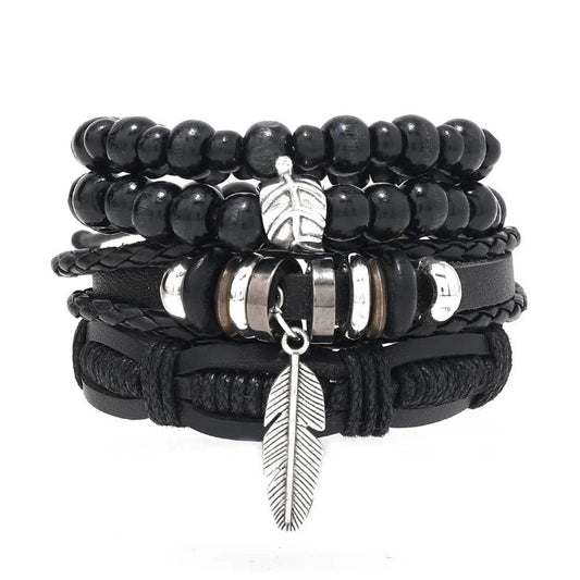 Popular Beaded Bracelet For Men DIY Vintage Feather Pendant Simple Versatile Bracelet Mens Handmade Charm Black Bracelet - RPM Rivals