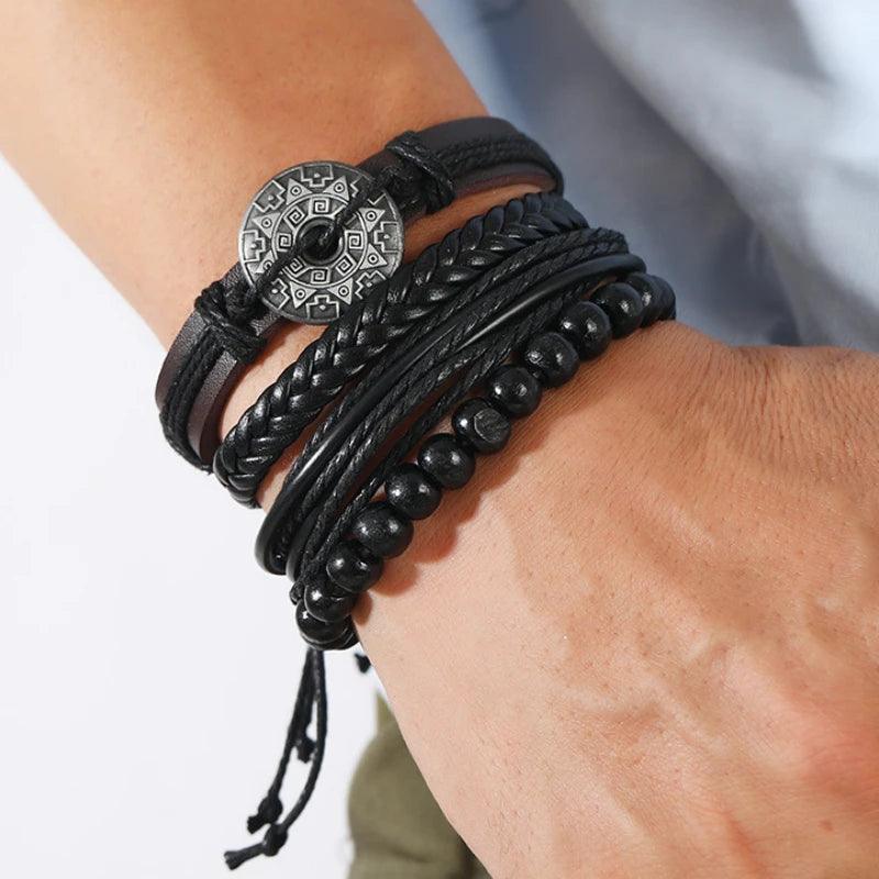 Vintage 4Pcs /set Bracelet for Man Hand-woven Bracelet Set Retro Beads Leather Bracelet Trend Bracelet Jewelry Hand Band for Men - RPM Rivals