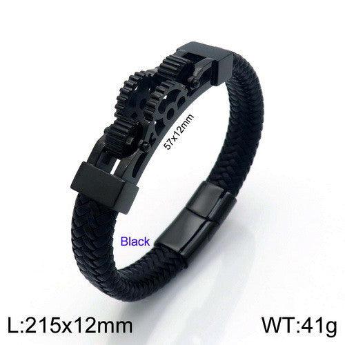 Men's Titanium Steel Motorcycle Gear Braided Leather Bracelet - RPM Rivals