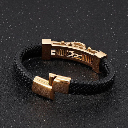 Men's Titanium Steel Motorcycle Gear Braided Leather Bracelet - RPM Rivals