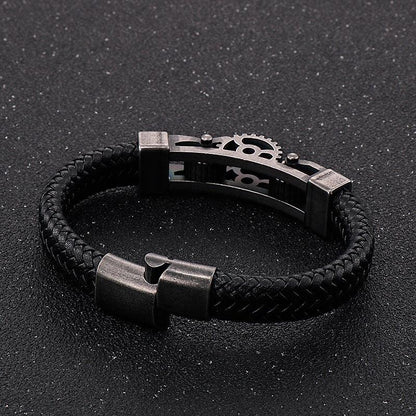 Men's Titanium Steel Motorcycle Gear Braided Leather Bracelet - RPM Rivals