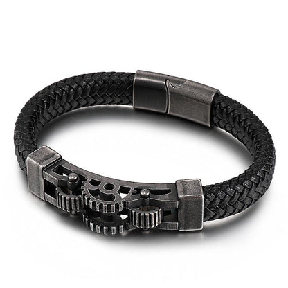 Men's Titanium Steel Motorcycle Gear Braided Leather Bracelet - RPM Rivals