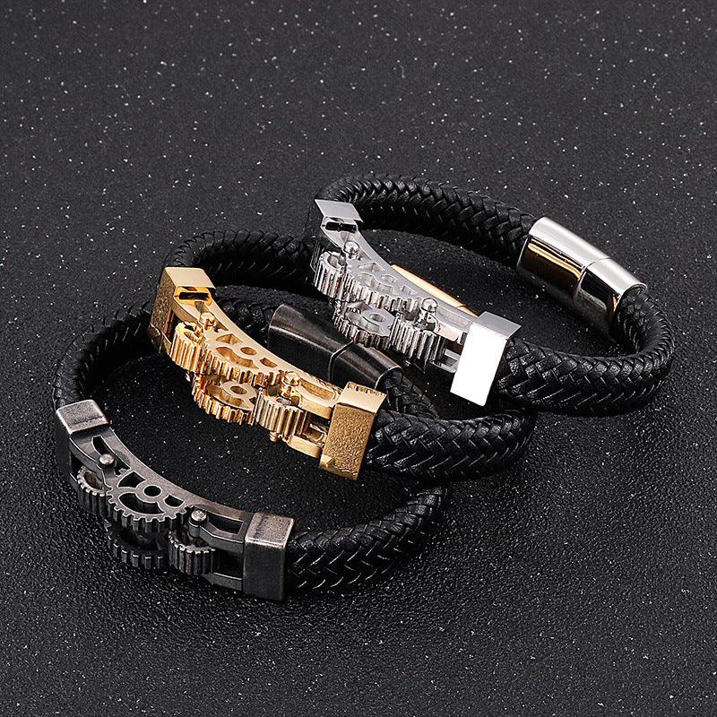 Men's Titanium Steel Motorcycle Gear Braided Leather Bracelet - RPM Rivals