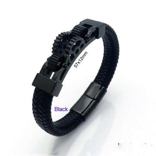 Men's Titanium Steel Motorcycle Gear Braided Leather Bracelet - RPM Rivals